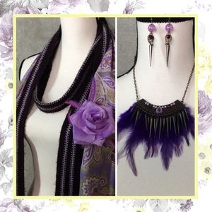 🌸 5PC SCARF NECKACE EARRINGS FLOWER FEATHER SET SPIKE BUNDLE GYPSY BEAD BOHO
